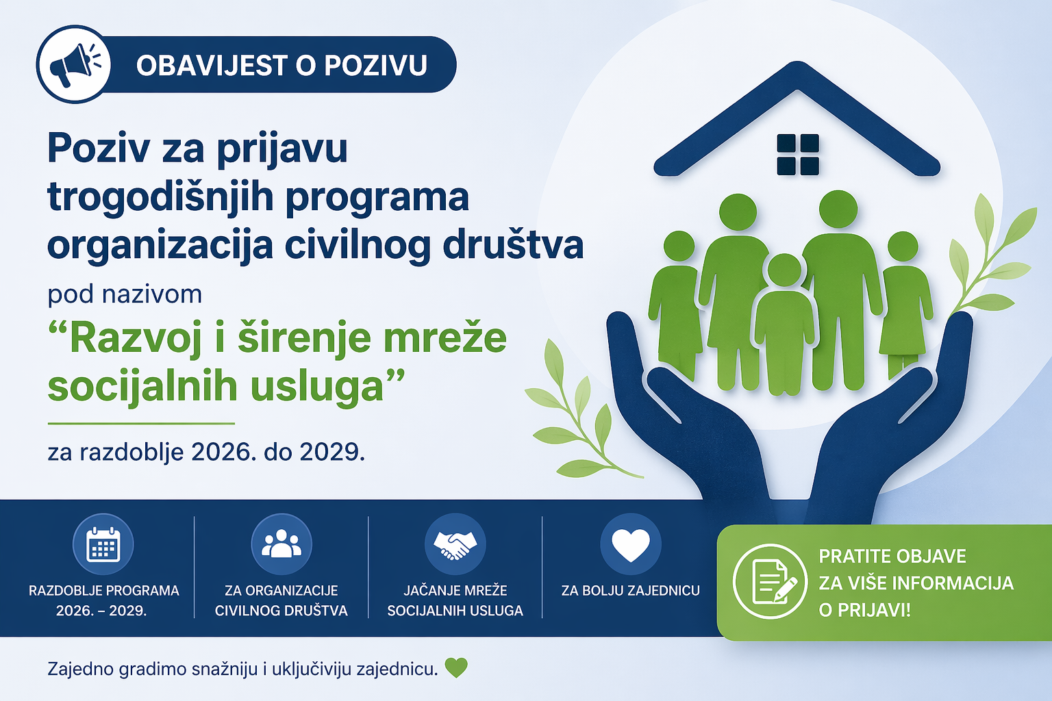 Poziv za prijavu trogodišnjih programa organizacija civilnog društva pod nazivom “Razvoj i širenje mreže socijalnih usluga za razdoblje 2026. do 2029.”